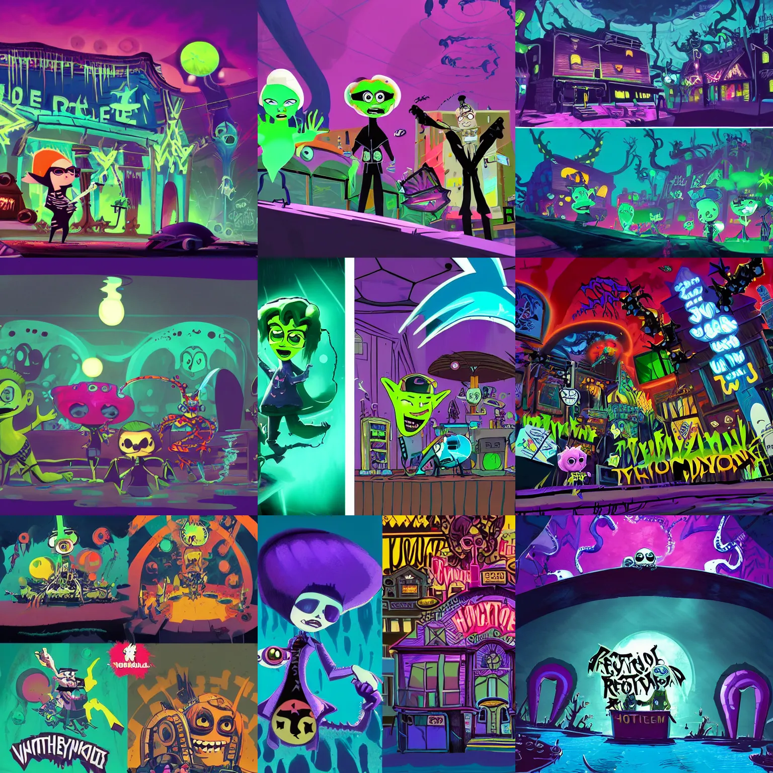 Prompt: psychic punk rocker vampiric electrifying rockstar background concept art of various underwater haunted locations by genndy tartakovsky and splatoon by nintendo and the psychonauts franchise by doublefine tim shafer artists for the new hotel transylvania film