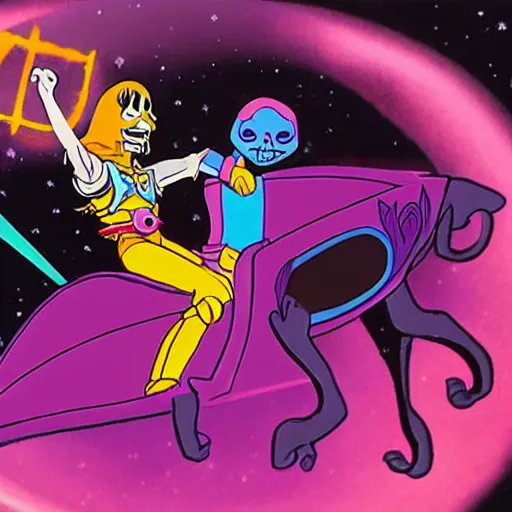 Image similar to skeletor from the he - man cartoon show riding an adorable black cat through outer space