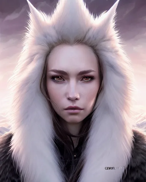 Prompt: dragon hunter wearing a fur - lined dragonhide jacket!!! beautiful and gorgeous wild white long haired female!! symmetry, character concept art, sharp focus, illustration, art by artgerm! greg rutkowski magali villeneuve wlop! ilya kuvshinov!! charlie bowater! octane render, unreal engine 5! highly rendered!!