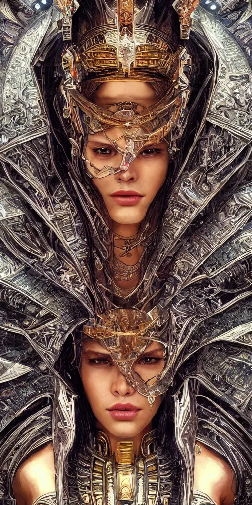 Image similar to HDR portrait photography of The Benevolent Cyborg Queen vertically mirrored above The Evil Cyborg King, ethnic, fantasy, intricate, elegant, highly detailed, African, Egyptian, Aztec, Mayan, digital painting, artstation, HDR photo, smooth, sharp focus, illustration, art by artgerm and greg rutkowski and alphonse mucha