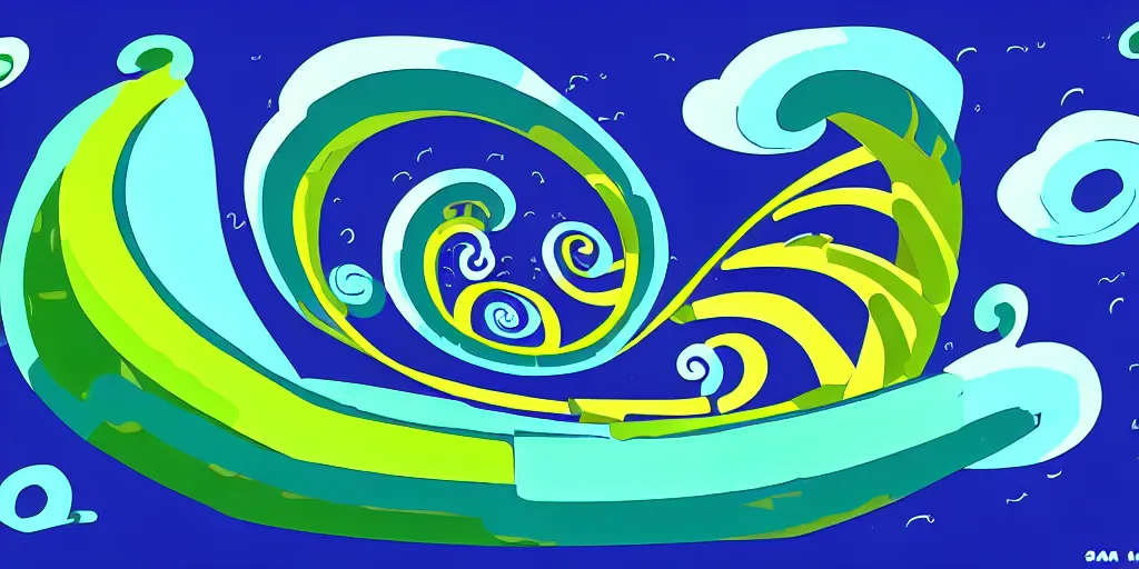 Image similar to chubby spiral shape cartoon concept art, ship port, from lorax movie, black blue green, spiral clouds, sam and max