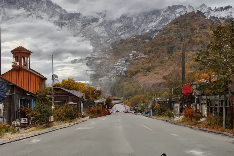 Image similar to warehouses lining a street, with an autumn mountain directly behind, radio tower on mountain, lens compressed, photography