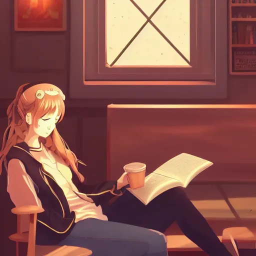 Prompt: a young woman reading a book in a cozy coffee shop, anime key visual, anime screenshot, artstation, loish van baarle