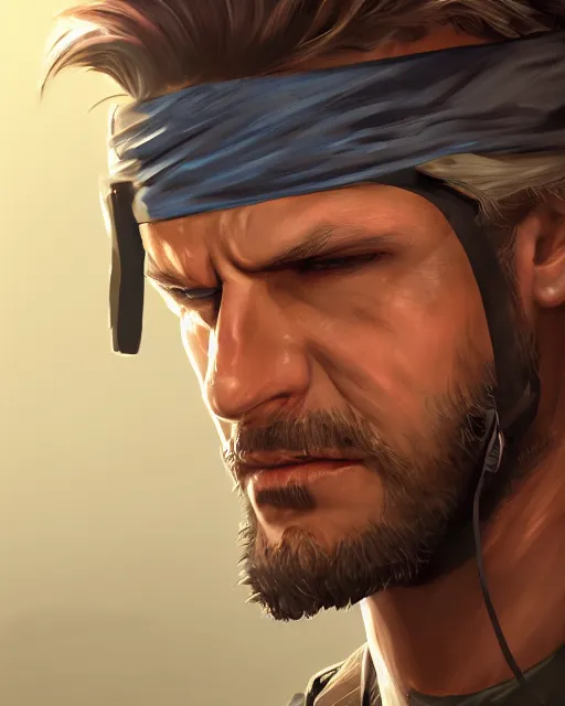 Prompt: solid snake wearing bandana on head portrait, cinematic lighting, backlit face, tired expression close - up, black atmospheric background, 4 k detailed digital photoshop painting, best of artstation hdr, official artwork hdr