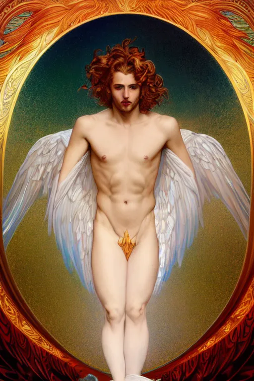 Prompt: symmetrical fullbody portrait of a beautiful young fit male angel with curly blond hairs, fulldressed in long fluent clothes, majestic big red bat wings, luminous fire halo, by greg rutkowski and alphonse mucha, gradient white to gold, in front of an iridescent background, highly detailed portrait, digital painting, artstation, concept art, smooth, sharp focus illustration