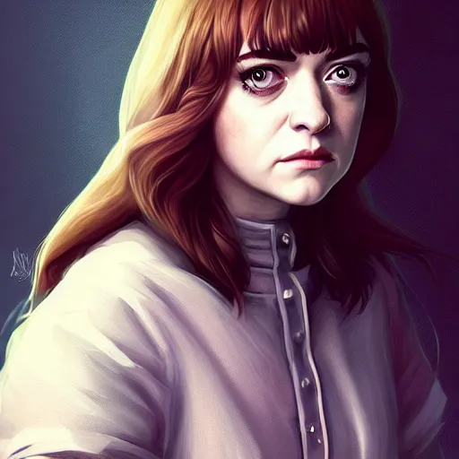 Image similar to a portrait of a combination of Maisie Williams, Anne Hathaway, Christina Ricci, Lucy Hale, Krysten Ritter and Natalia Dwyer, long hair, brown eyes, art by lois van baarle and loish and ross tran and rossdraws and sam yang and samdoesarts and artgerm, digital art, highly detailed, intricate, sharp focus, Trending on Artstation HQ, deviantart, unreal engine 5, 4K UHD image