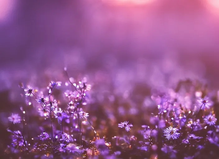 Image similar to a magical forest with delicate flowers that glow in the dusk, macro close up, bokeh,