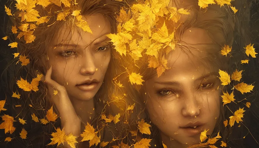 Image similar to golden leaves at frame border, creative!!! composition for a book cover!!!, absurdly beautiful, ultrafine hyperrealistic detailed old!! witch face by wlop and artgerm and greg rutkowski, intricate linework, sharp focus, smooth, octopath traveler, final fantasy, unreal engine, dramatic lighting, ethereal, 8 k