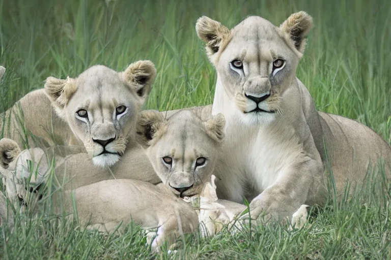 Prompt: beautiful aesthetic digital illustration of a pale blue lioness with a litter of pastel cubs