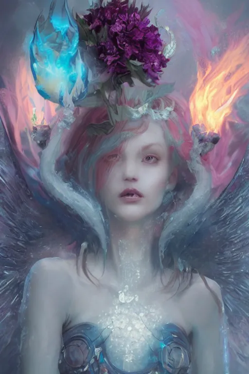 Image similar to face closeup covered with ice of extremely beautiful girl necromancer, magical fairy flowers and ice velvet, diamonds, angels, 3 d render, hyper - realistic detailed portrait, holding fire and electricity rainbow, ruan jia, wlop. scifi, fantasy, magic the gathering, hyper detailed, octane render, concept art, peter mohrbacher