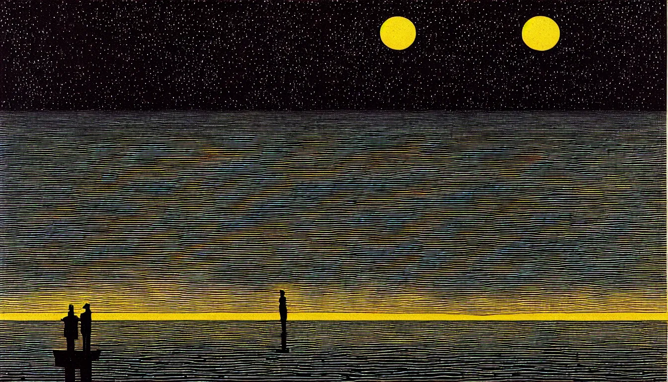 Prompt: standing in a lake viewing reflection of the night sky by dan mumford and peter doig and edward hopper, symmetrical, minimal, black ink, thick lines highly detailed, muted colours 8 k