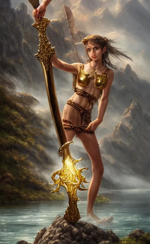 Image similar to lake godness holding gold axe and sliver axe, highly detailed, d & d, water everwhere fantasy, highly detailed, digital painting, trending on artstation, concept art, sharp focus, global illumination, ray tracing, illustration, art by artgerm and greg rutkowski and fuji choko and viktoria gavrilenko and hoang lap