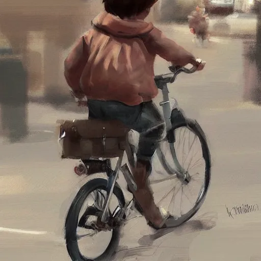 Image similar to Expressive painting of boy riding a bicycle, digital art by Krenz Cushart, trending on artstation
