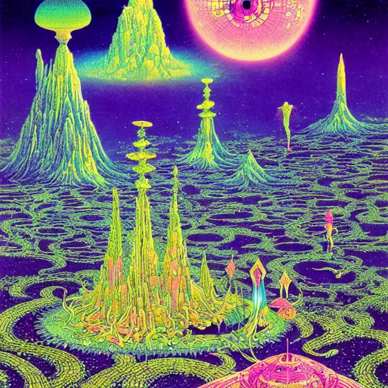 Image similar to mysterious ufo hovering over magical crystal temple, bright neon colors, highly detailed, cinematic, hiroo isono, tim white, philippe druillet, roger dean, lisa frank, aubrey beardsley, ernst haeckel