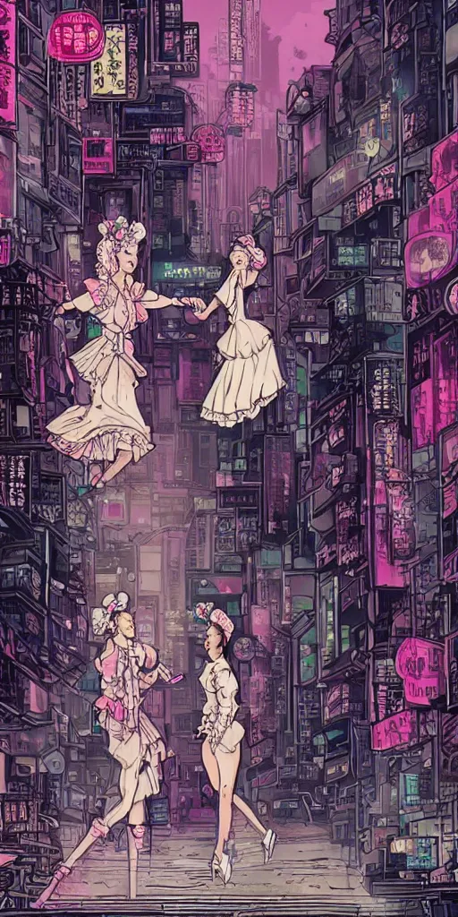 Prompt: !dream Marie antoinette and court princess dancing in cyberpunk city street, kowloon, blade runner, Laurie Greasley, Jen Bartel, Tarmo Juhola, Roger Deakins