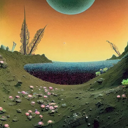 Image similar to a landscape on the moon with many craters, barren moon landscape, a broken moon lander, in a big crater at the center there is a beautiful flowering garden, 8 k, lowbrow in the style of roger dean and martin johnson heade and daniel merriam,