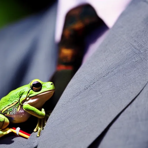 Image similar to a high detail closeup shot of a frog wearing a suit 👔,and smoking a cigarrette🚬