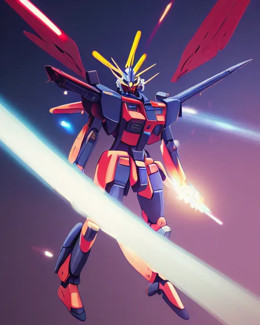 Image similar to highly detailed vfx portrait of a gundam with wings of feathers beam saber fighting in space with a beam gun, unreal engine, greg rutkowski, loish, rhads, beeple, makoto shinkai and lois van baarle, ilya kuvshinov, rossdraws, tom bagshaw, alphonse mucha, global illumination, detailed and intricate environment