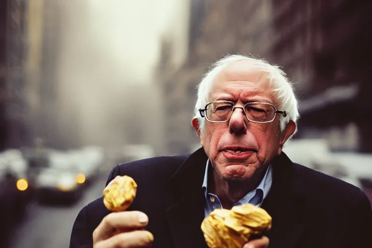 Prompt: closeup potrait of bernie sanders offering a werther's original in a smoky new york street, screen light, sharp, detailed face, magazine, press, photo, Steve McCurry, David Lazar, Canon, Nikon, focus