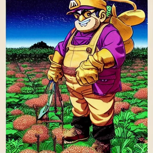 Prompt: Wario tending to his crops with a pack animal || VERY VERY ANIME!!!, fine-face, realistic shaded perfect face, fine details. Anime. realistic shaded lighting poster by katsuhiro otomo, ghost-in-the-shell, ayami kojima