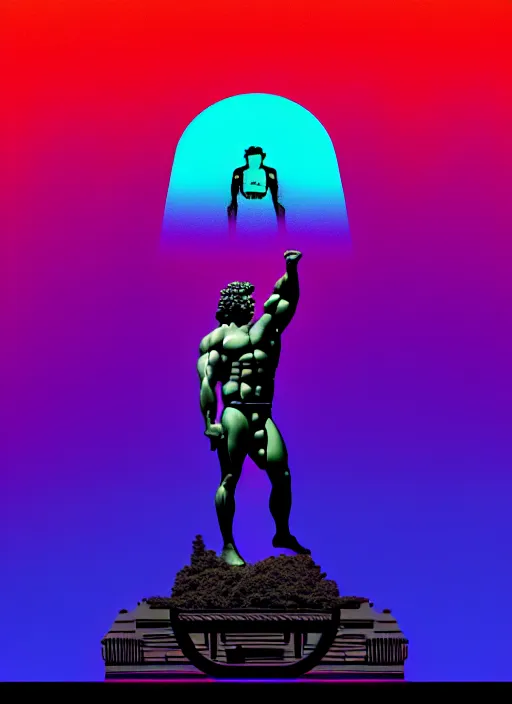 Image similar to statue of hercules, beeple, android jones, ( ( ( ( ( dan mumford ) ) ) ) ), vaporwave, retrowave, black background, neon wiring, black, glitch, strong contrast, cuts, pinterest, trending on artstation