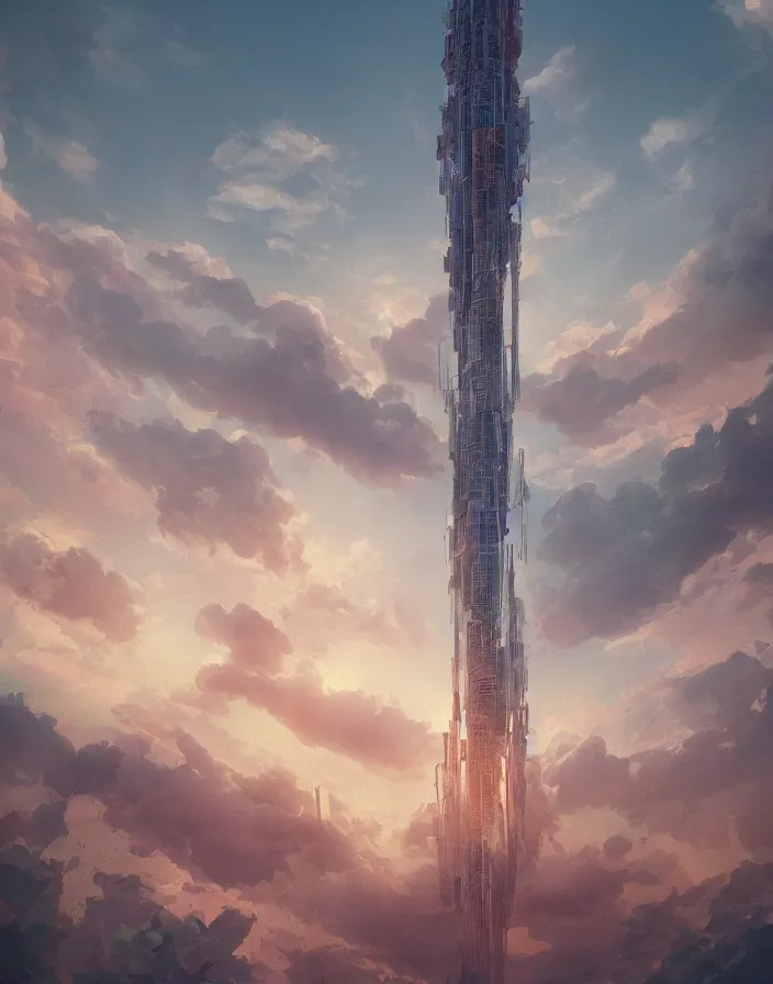 Image similar to painting of a tall tower that reaches beyond the clouds, intricate abstract. delicate artwork. by Tooth Wu, wlop, beeple, dan mumford. octane render, trending on artstation, greg rutkowski very coherent symmetrical artwork. cinematic, hyper realism, high detail, octane render, 8k, depth of field, bokeh. chrome accents.