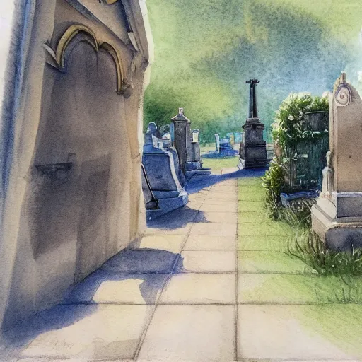 Image similar to water color on paper, walk in the cemetery, highly detailed, artstation, masterpiece, award - winning,