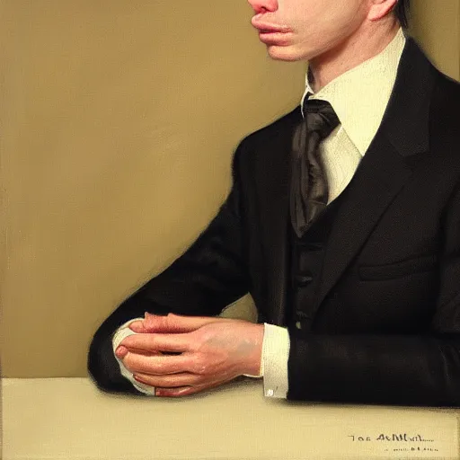 Image similar to portrait of mr. amazon milk frog looking off camera wearing a black suit jacket, tan vest, and white ascot, an american romanticism painting, a portrait painting, cgsociety, soft focus, oil on canvas