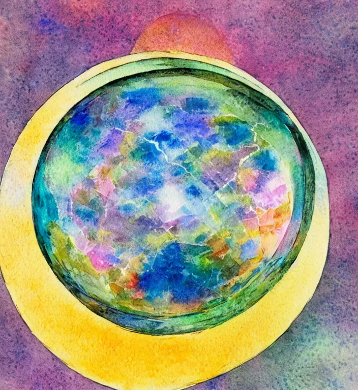 Image similar to a 1988 watercolor and ink illustration of an intricate and faceted crystal ball with a world inside of it + dissolving in to light + prism + god rays + dramatic lightning + backlit + specular + caustics