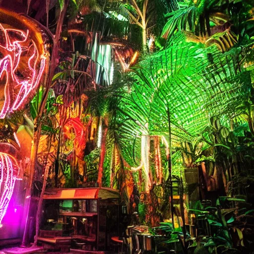 Image similar to a rainforest filled with ancient magical technology and neon lights,