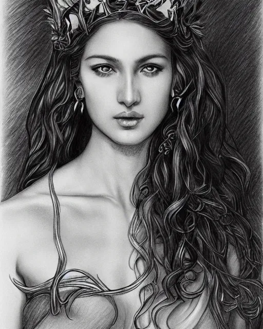 Prompt: long shot realism pencil drawing of the beautiful greek goddess aphrodite wearing a laurel wreath and arrowhead earrings, beautiful confident eyes, beautiful flowing hair, glowing god eyes, hyper realistic face, in the style of artgerm, fantasy, amazing detail, epic, elegant, smooth, sharp focus, from the front