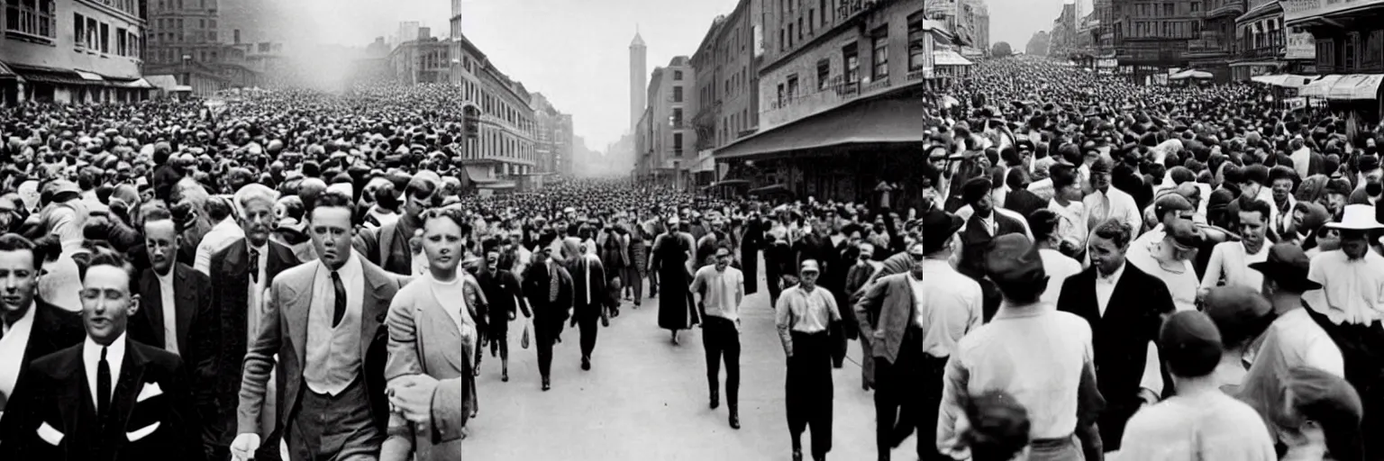 Prompt: 1930s photo of Elon Musk walking in a crowd of people on the street, black and white