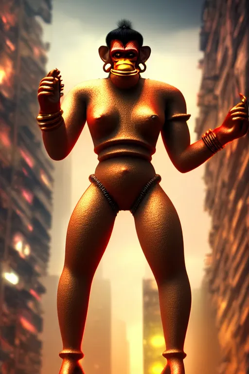 Prompt: high quality 3 d render ultra realistic cyborg hanuman! with gold nose piercings, cyberpunk highly detailed, mumbai in the background, unreal engine cinematic smooth, in the style of blade runner & solaris, hannah yata charlie immer, moody light, low angle, uhd 8 k, sharp focus