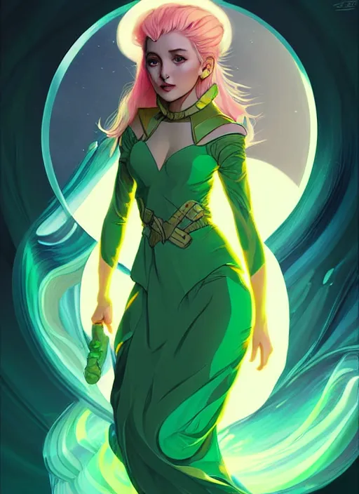 Image similar to style artgerm, joshua middleton, illustration, ariana grande as a high priestess wearing green pelt light armor, blue hair, swirling water cosmos, fantasy, dnd, cinematic lighting