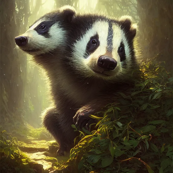 Image similar to highly detailed portrait of a cute badger, unreal engine, fantasy art by greg rutkowski, loish, rhads, ferdinand knab, makoto shinkai and lois van baarle, ilya kuvshinov, rossdraws, tom bagshaw, alphonse mucha, global illumination, radiant light, detailed and intricate environment