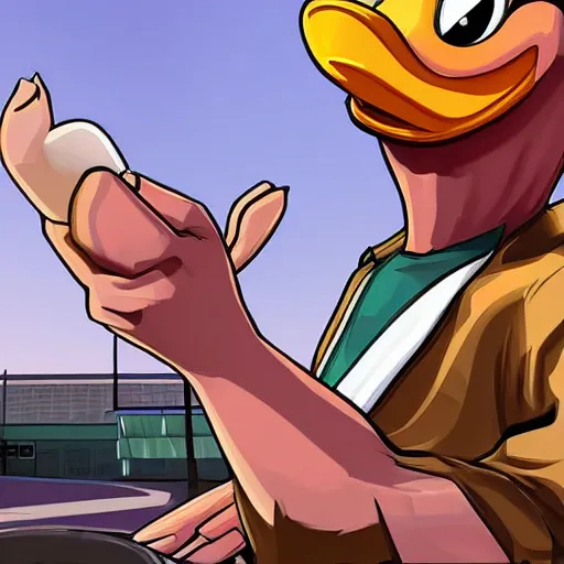 Image similar to An anthropomorphic duck as a GTA character, GTA artwork midshot, by Rockstar Games