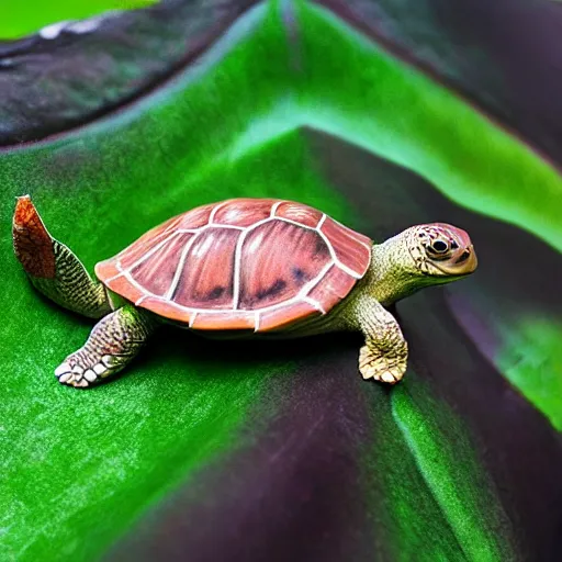 Image similar to highly detailed , photo realistic image , of a turtle , with many types of plant and insect life growing and riding on its shell