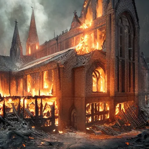 Image similar to hyperrealistic photograph of the norway churches burned to the ground, fire, giant bones, dim volumetric lighting, octane beautifully detailed render, extremely hyper detailed, intricate, epic composition, cinematic lighting, masterpiece, trending on artstation, very detailed, stunning, hdr, smooth, sharp focus, high resolution, award, winning photo