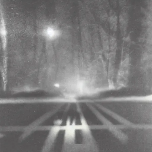 Image similar to found polaroid picture, flash, mutant creature in the middle of a deserted highway, eerie
