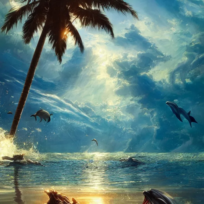 Prompt: dolphins swimming, golden hour, god rays, by greg rutkowski and artgerm and ruan jia and ismail inceoglu and greg olsen, palm trees, cosmos, milky way galaxy, masterpiece, beautiful, intricate, elegant, highly detailed