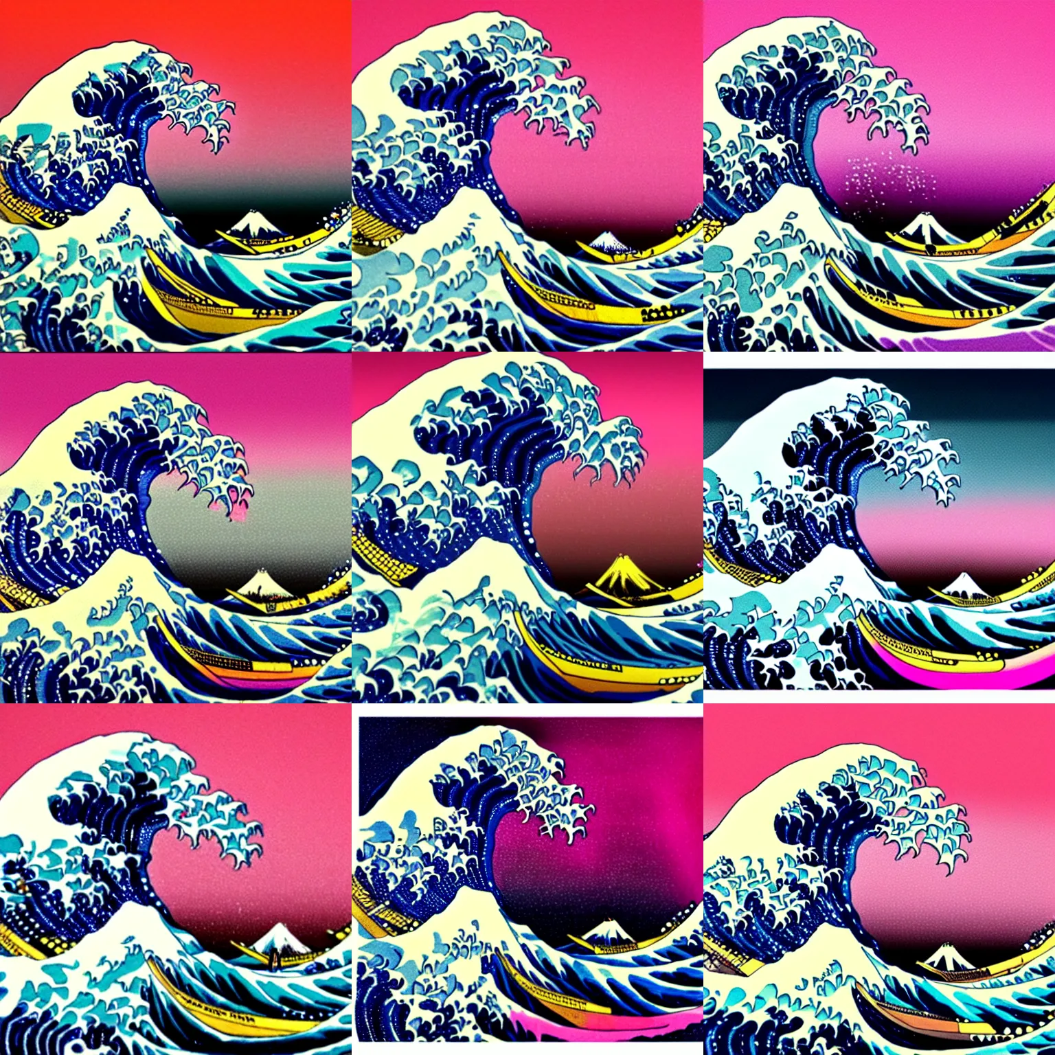 Prompt: the great wave off kanagawa with pink lava and fire, rococo, hyperreal, detailed, 4 k