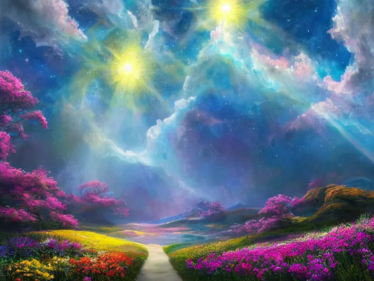 Image similar to a fine painting of a glorious place where love conquers all, where the heavens open to the great cosmos, where flowers are launched into the unknown 8 k, ultra realistic, lens flare, atmosphere, glow, detailed, intricate, full of colour, cinematic lighting, trending on artstation, 4 k, hyperrealistic, focused, extreme details, unreal engine 5, cinematic, masterpiece