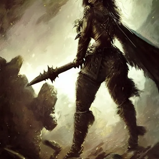 Prompt: A full portrait of a beautiful fur-armored berserker woman, dragging an oversize Gothic claymore into battle, by Frank Frazetta, Greg Rutkowski, Game of Thrones, epic fantasy art, Exquisite detail, post-processing, masterpiece, cinematic, embers