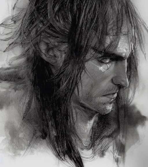 Image similar to portrait of man with long blond hair tied up wearing black robes, pen and ink, intricate line drawings, by craig mullins, ruan jia, kentaro miura, greg rutkowski, loundraw