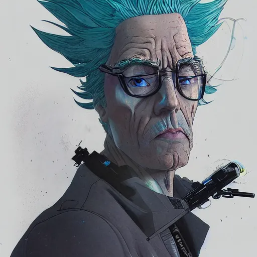 Image similar to 9 5 5 5 rick sanchez portrait by and james jean and katsuhiro otomo and erik jones, inspired by ghost in the shell anime, fine face features, intricate high details, sharp, ultradetailed, 3 d octane render