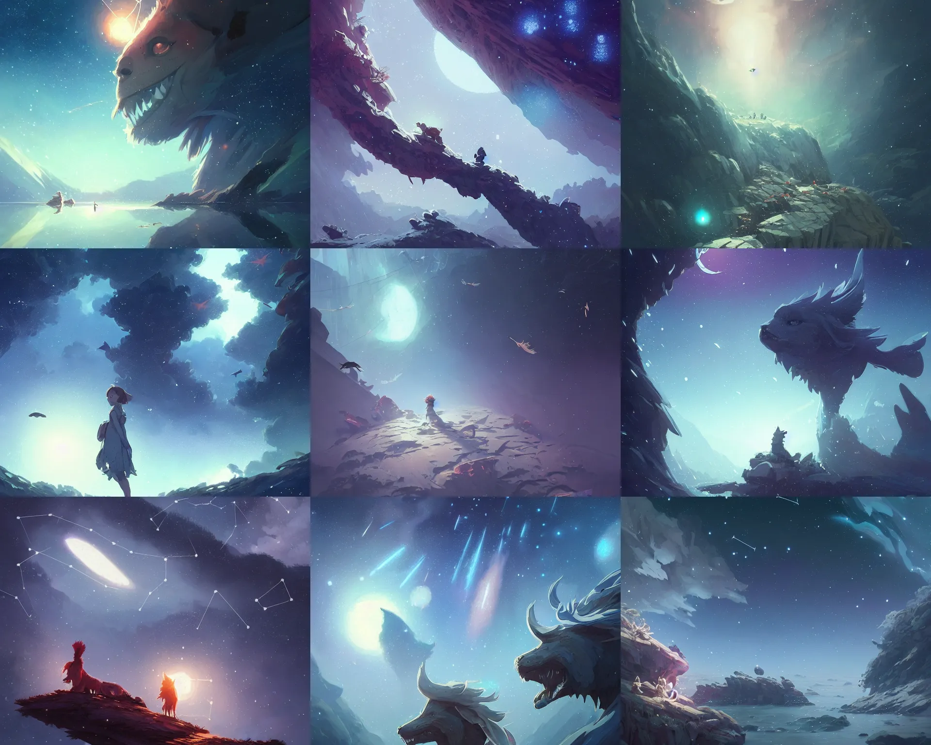 Prompt: constellation creatures migrating, magnificent, close up, details, sharp focus, elegant, highly detailed, illustration, by Jordan Grimmer and greg rutkowski and PiNe(パイネ) and 薯子Imoko and 香川悠作 and wlop and maya takamura, intricate, beautiful, Trending artstation, pixiv, digital Art