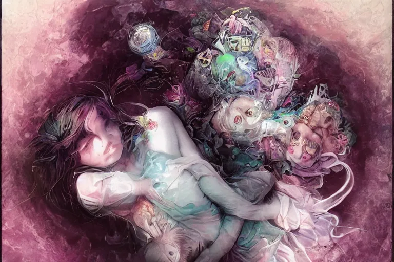 Image similar to Keeping you sane, And you fade away just enough, You felt the edge again, You took two pills And you fell asleep, Hugging six rabbits And having pink nightmares, concept art, trade on artstation, sharp focus, psychedelic, by Yoshitaka Amano, Mark Ryden, Peter Mohrbacher, Gloom, fantasy art, masterpiece, Hyperrealism. Subsurface scattering. Octane Render. Weirdcore