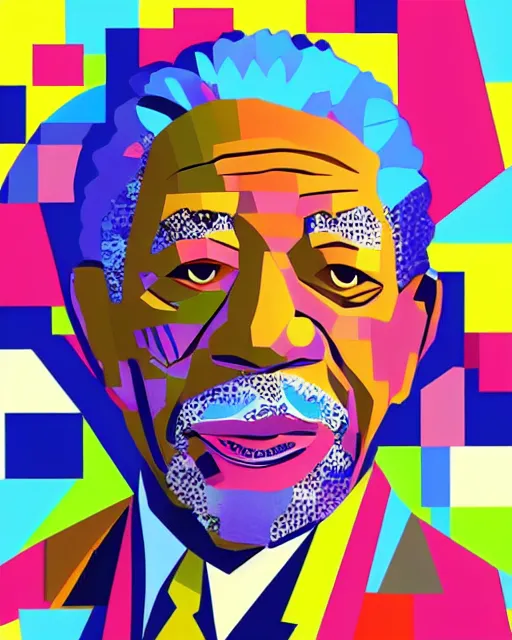 Image similar to cubist portrait of morgan freeman cutout digital illustration cartoon colorful beeple