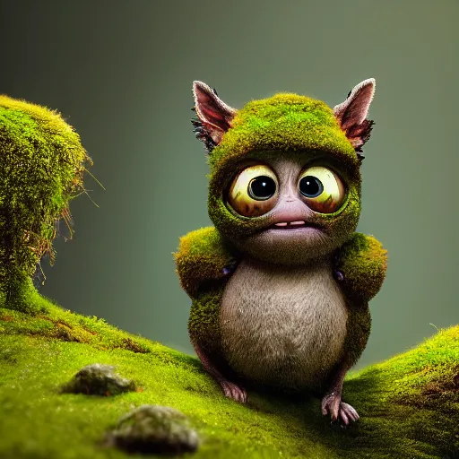 Image similar to a highly detailed digital painting of a tiny cute mossy forest creature by bobby chiu, trending on artstation, octane render, 4 k, unreal 5, macro photography, goro fujita