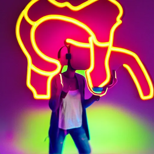 Image similar to an elephant in a neon world wearing a vr headset